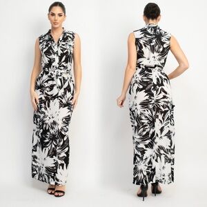 Black and white tropical floral print maxi dress
